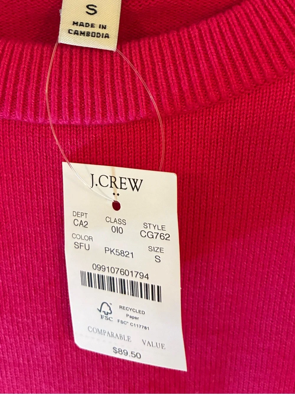NEW! J. Crew Beach Fuchsia Bright Pink Crewneck Sweater S